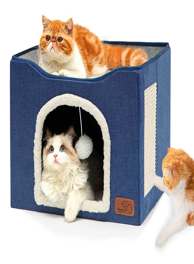 Qpets® Cat Beds for Cats Large Cat House Cat Cave for Pet Cat House with Fluffy Ball Hanging Toy and Scratch Pad, Foldable Cat House Cat Hidewawy, Blue, 16.5x16.5x14 inches - Image 1